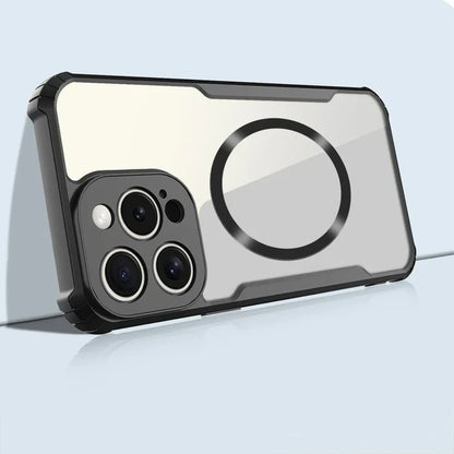 Clear phone case with black trim and camera lens protection.