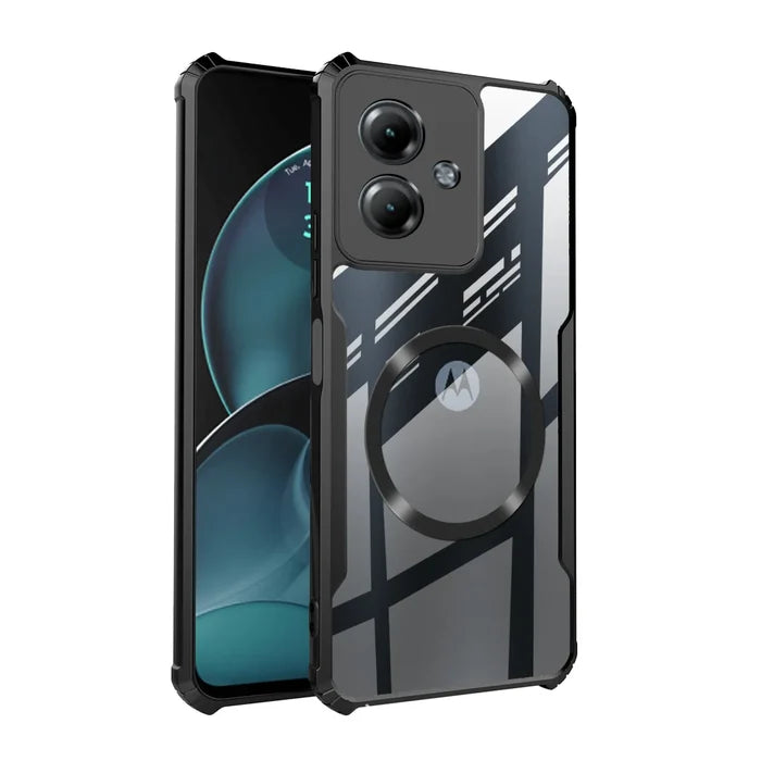 Black-framed smartphone with protective case.