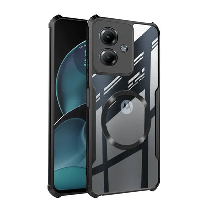 Black-framed smartphone with protective case.