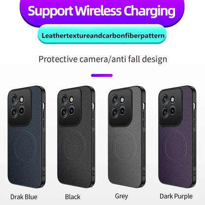 Four colored phone cases with a carbon fiber pattern.