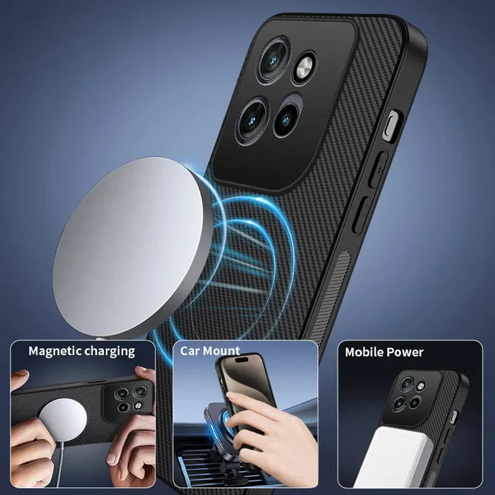 A black phone case with a carbon fiber texture and built-in magnetic features for charging, car mounting, and mobile power attachment.