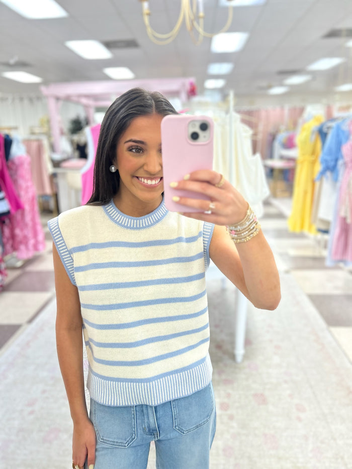 Shopping in Rosemary Sleeveless Sweater Top (Blue)