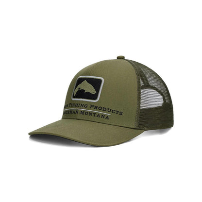 Olive green Simms trucker hat with cotton-twill front, breathable mesh back, and fish icon patch logo.