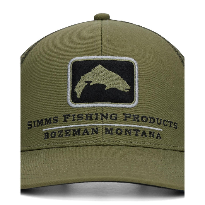 Olive green Simms trucker hat with cotton twill front, breathable mesh back, and embroidered fish logo patch.