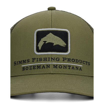 Olive green Simms trucker hat with cotton twill front, breathable mesh back, and embroidered fish logo patch.