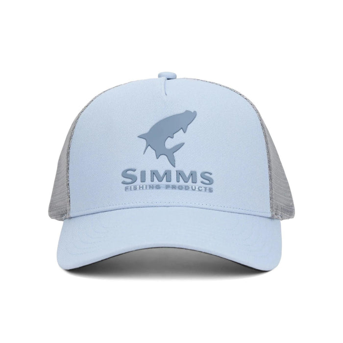 Light blue Simms Double Haul trucker hat with a cotton-twill front, grey mesh back, and a tarpon fish logo.