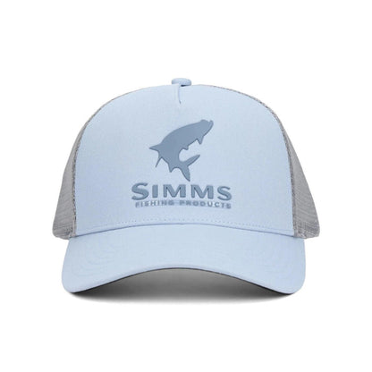 Light blue Simms Double Haul trucker hat with a cotton-twill front, grey mesh back, and a tarpon fish logo.