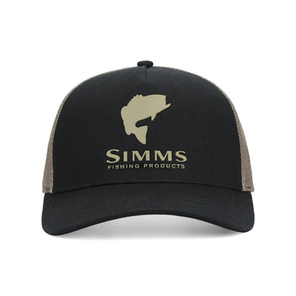 Black Simms Double Haul trucker hat with a tan fish logo, cotton twill front, and breathable mesh back.