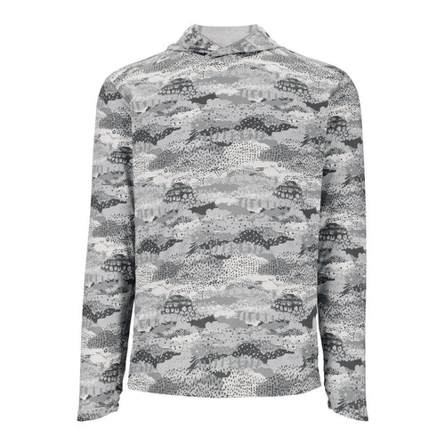 Simms Bugstopper Solarflex hoody in grey camo print with a protective knit hood and long sleeves for sun protection.