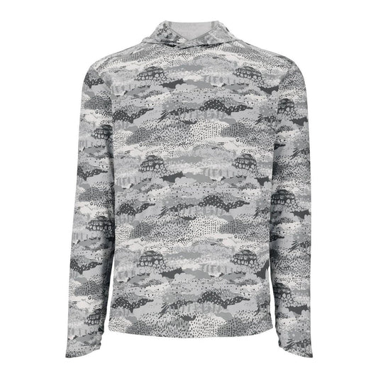 Simms Bugstopper Solarflex hoody in grey camo print with a protective knit hood and long sleeves for sun protection.