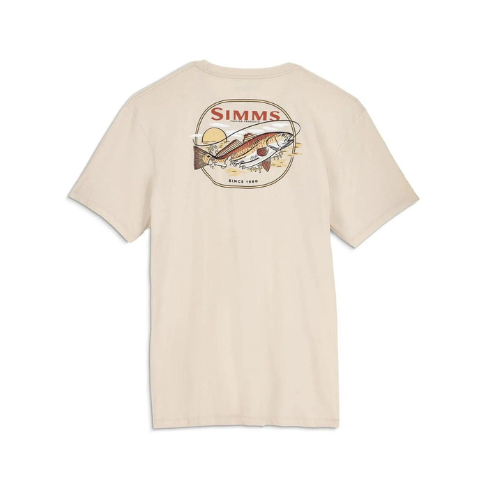 Beige Simms men's cotton t-shirt featuring a back graphic of a redfish, sunset, and fishing rod logo.
