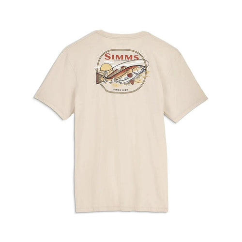Beige Simms men's cotton t-shirt featuring a back graphic of a redfish, sunset, and fishing rod logo.