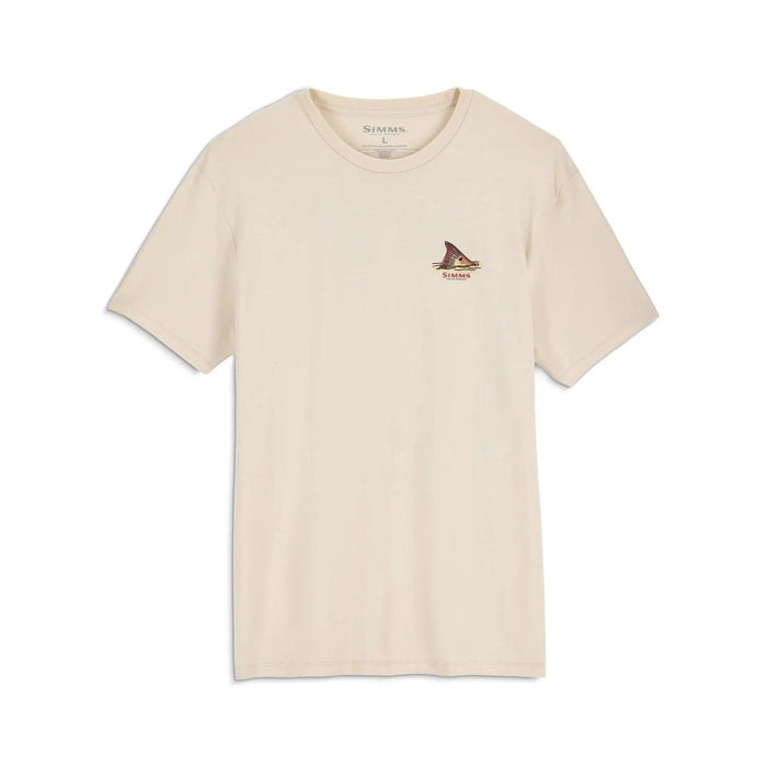 Beige Simms men's short-sleeve cotton t-shirt featuring a small redfish tail graphic on the left chest.