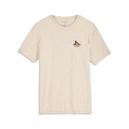 Beige Simms men's short-sleeve cotton t-shirt featuring a small redfish tail graphic on the left chest.