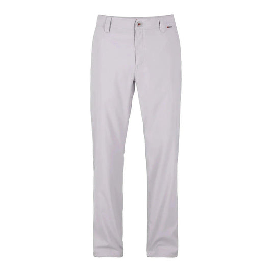 Light grey Simms Superlight fishing pants with a button closure, zippered fly, and durable, quick-drying performance fabric.