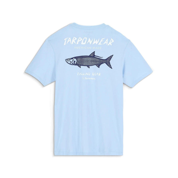 Light blue Simms Tarponwear cotton-poly t-shirt featuring a dark blue tarpon graphic on the back.