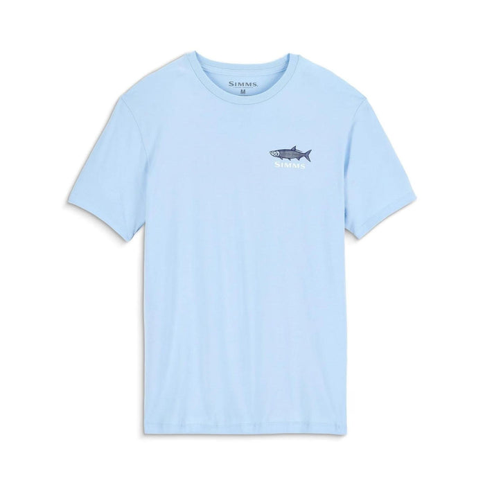 Light blue Simms men's cotton-poly blend t-shirt featuring a small tarpon graphic on the chest.