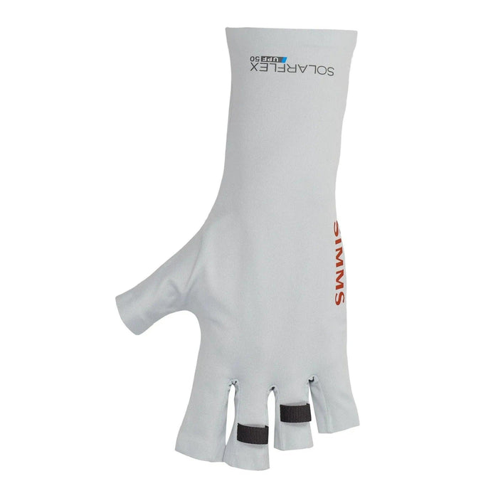 Light gray Simms SolarFlex half-finger fishing gloves with UPF 50 sun protection and extended wrist gauntlet.
