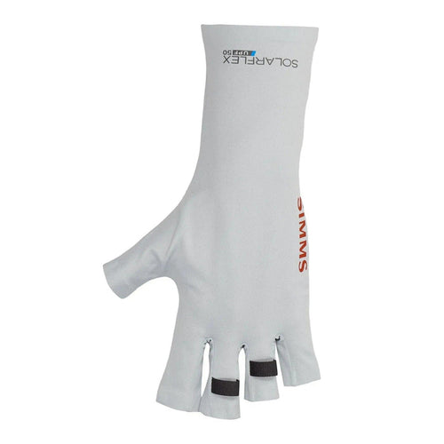 Light gray Simms SolarFlex half-finger fishing gloves with UPF 50 sun protection and extended wrist gauntlet.