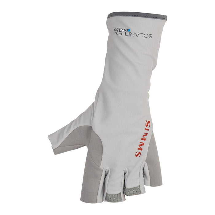 Light gray Simms SolarFlex UPF 50 half-finger fishing glove with extended wrist gauntlet and reinforced palm.