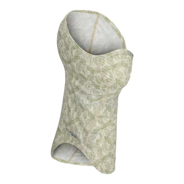 Lightweight Simms Sungaiter in olive green with a circular pattern, featuring UPF 50+ fabric and a vented front flange.
