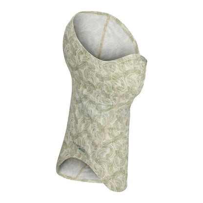 Lightweight Simms Sungaiter in olive green with a circular pattern, featuring UPF 50+ fabric and a vented front flange.