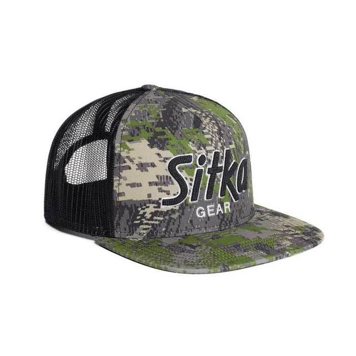 Sitka 90s Script Hi Pro trucker cap in Optifade camo with a black mesh back and vintage embroidered logo.
