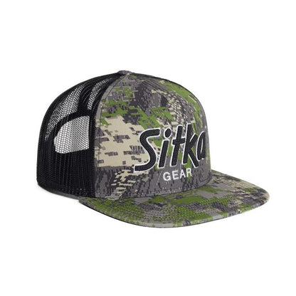 Sitka 90s Script Hi Pro trucker cap in Optifade camo with a black mesh back and vintage embroidered logo.