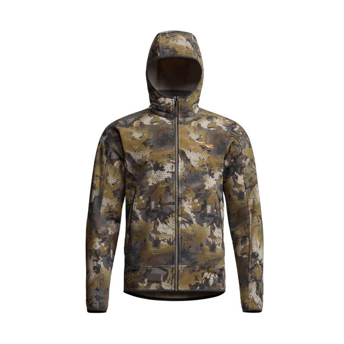 Sitka Alpha Fleece hooded jacket in camo print featuring a full-zip front, form-fitted hood, and durable stretch fabric.