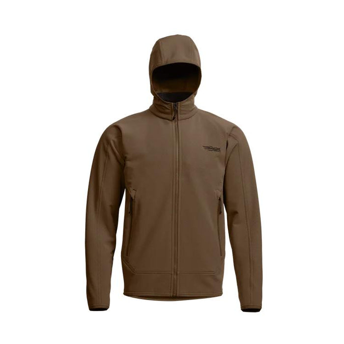 Sitka Alpha Fleece hooded jacket in brown STORMFLEECE with a full-zip front, fitted hood, and zippered hand pockets.