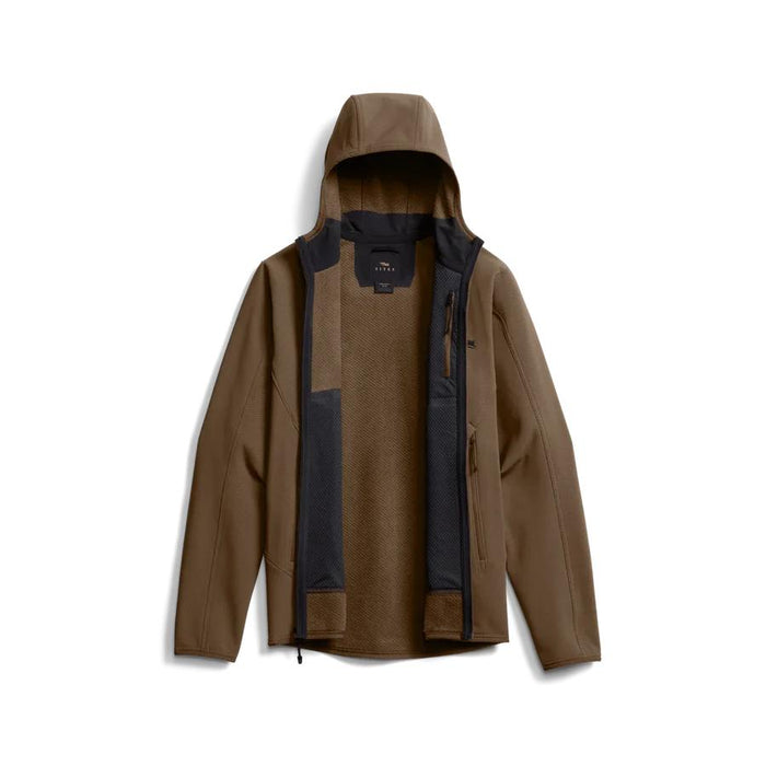 Sitka Alpha Fleece hooded jacket in brown with a zippered front, form-fitted hood, and mesh-lined interior pockets.