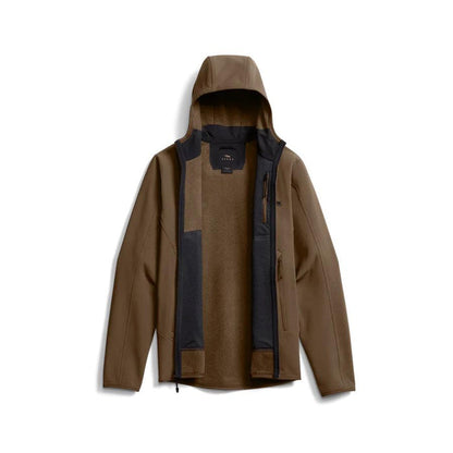 Sitka Alpha Fleece hooded jacket in brown with a zippered front, form-fitted hood, and mesh-lined interior pockets.