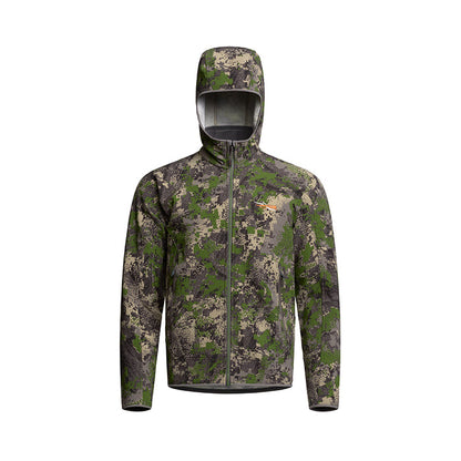 Sitka Alpha Fleece hooded jacket in green camouflage STORMFLEECE with a full-zip front and form-fitted hood.