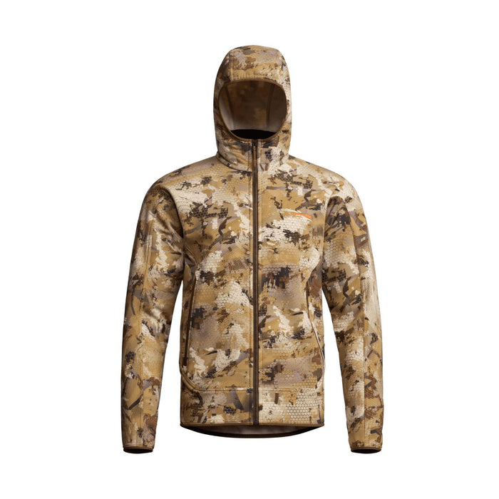 Sitka Alpha Fleece hooded jacket in camo print featuring a full-zip front, form-fitted hood, and stretch fabric.