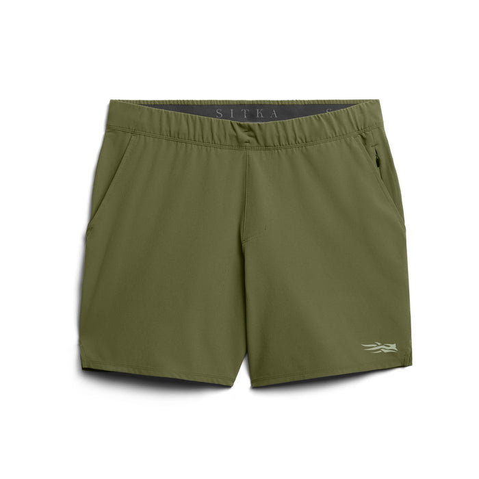 Olive green Sitka Boundary 7-inch performance shorts with an elastic waistband, zip-secure pocket, and quick-dry fabric.