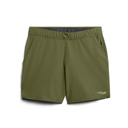 Olive green Sitka Boundary 7-inch performance shorts with an elastic waistband, zip-secure pocket, and quick-dry fabric.