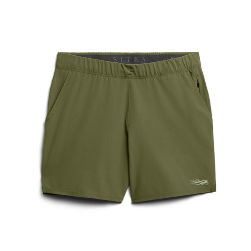 Olive green Sitka Boundary 7-inch performance shorts with an elastic waistband, zip-secure pocket, and quick-dry fabric.