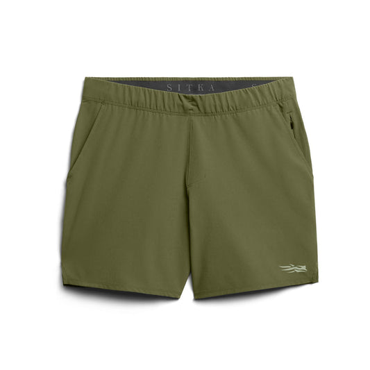 Olive green Sitka Boundary 7-inch performance shorts with an elastic waistband, zip-secure pocket, and quick-dry fabric.