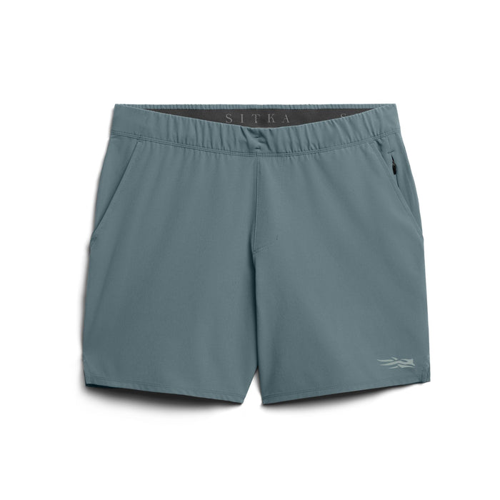 Blue-grey Sitka Boundary 7-inch performance shorts with an elastic waistband, zip-secure pocket, and quick-dry stretch fabric.