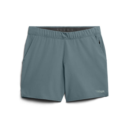 Blue-grey Sitka Boundary 7-inch performance shorts with an elastic waistband, zip-secure pocket, and quick-dry stretch fabric.