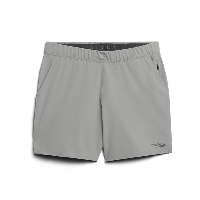 Light gray Sitka Boundary 7-inch performance shorts featuring a stretch waistband, zip-secure pocket, and quick-dry fabric.