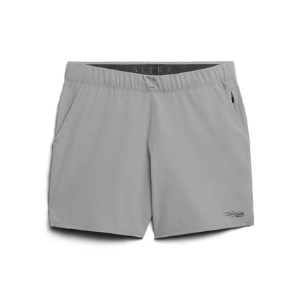 Light gray Sitka Boundary 7-inch performance shorts featuring a stretch waistband, zip-secure pocket, and quick-dry fabric.