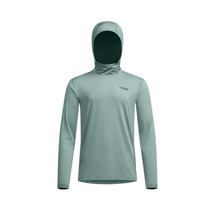 Sage green Sitka Guard sun hoodie with a protective hood, long sleeves, and moisture-wicking performance fabric.