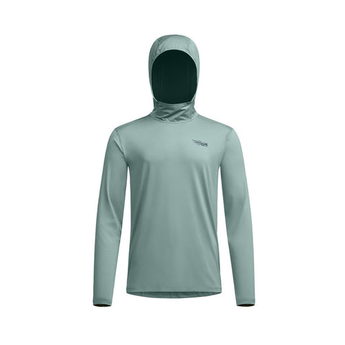 Sage green Sitka Guard sun hoodie with a protective hood, long sleeves, and moisture-wicking performance fabric.
