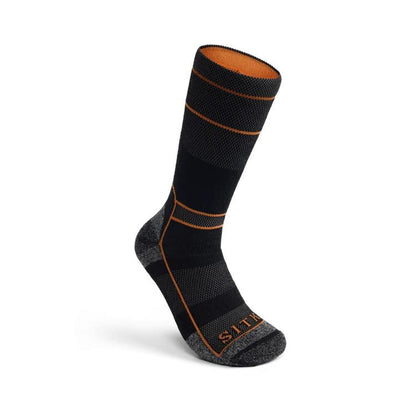 Black and orange Sitka heavy weight crew sock with reinforced grey heel and toe and performance knit texture.