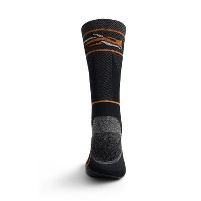 Black and grey Sitka heavy weight crew sock with orange accents, featuring reinforced heel and toe and performance zones.