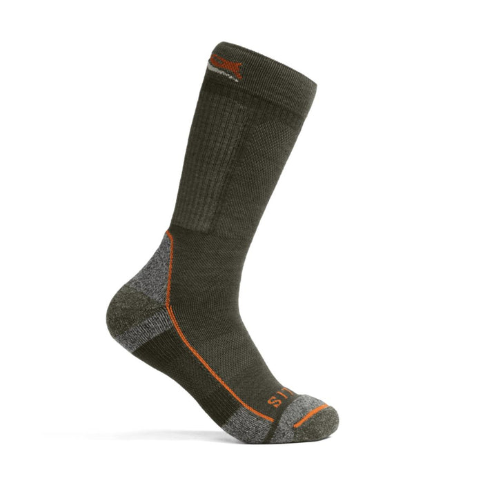 Sitka Mid Weight merino wool crew sock in olive green with reinforced grey heel and toe and orange branding.