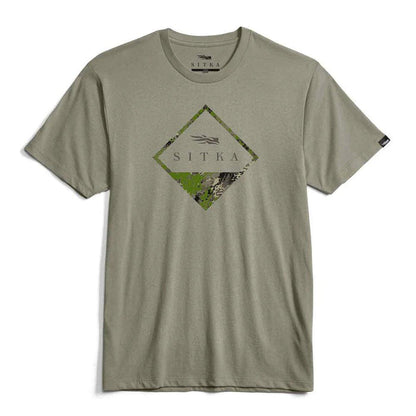 Olive green Sitka Optifade Badge crewneck tee with a diamond-shaped camouflage chest graphic and soft cotton-poly blend.