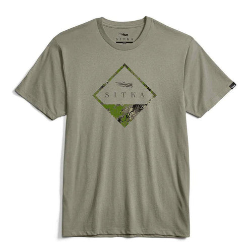 Olive green Sitka Optifade Badge crewneck tee with a diamond-shaped camouflage chest graphic and soft cotton-poly blend.