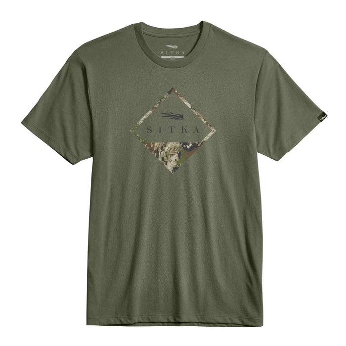 Olive green Sitka crewneck t-shirt featuring a diamond-shaped Optifade camouflage chest graphic and logo.